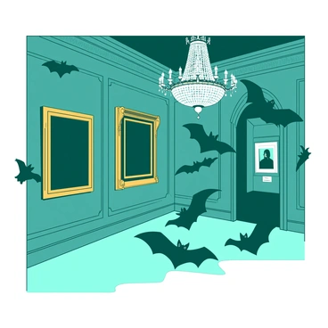 A teal Victorian art gallery features intricate, ornate walls adorned with gold-framed portraits. Flitting around the gallery are several black bats, their wings spread wide, as they hover near the paintings. Each bat seems to be gazing curiously at the portraits, some even tilting their heads in interest. The gallery is illuminated by soft light, casting gentle shadows on the ornate moldings, enhancing the atmosphere of this unique scene. In the background, a large chandelier hangs from the ceiling, its crystals reflecting light throughout the space.