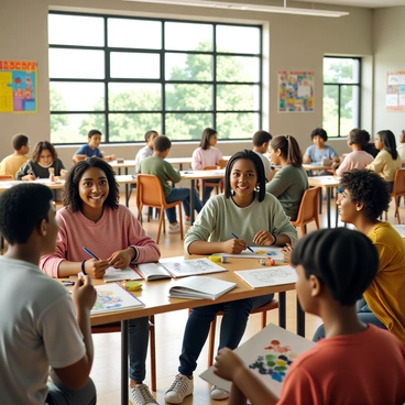 A community center filled with natural light and vibrant colors. Tables are set up with various art supplies, including sketchbooks, pencils, markers, and paints. Several participants, including people of diverse backgrounds and ages, are seated at the tables, focused on their drawings. Some participants are laughing and sharing ideas, while others are deeply concentrated on their work. Walls are adorned with colorful art created by previous workshops. Large windows provide a view of greenery outside, enhancing the lively atmosphere of the workshop.