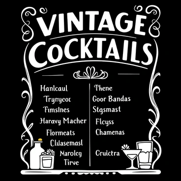 A chalkboard menu with the words "Vintage Cocktails" prominently displayed at the top. Below this title, there is a neatly organized list of various cocktail names, each written in an elegant script. To the side of the menu, there are decorative illustrations of cocktail glasses, shakers, and garnishes, intricately drawn. Flourishes and embellishments surround the text and images, enhancing the vintage theme. The background features a textured surface of the chalkboard, adding depth to the illustration.