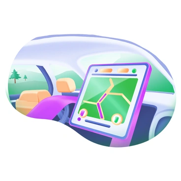 A modern pastel illustration featuring a glowing navigation screen displaying a bright map with a highlighted route. The screen is positioned on the dashboard of a sleek white car. The interior of the car includes soft beige seats and a stylish steering wheel. The background shows a blurred landscape of rolling hills and trees, suggesting a journey in progress.