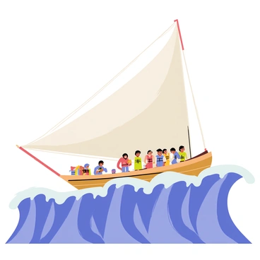A sail barge with a large, billowing white sail is gliding atop a towering, frothy ocean wave. The wave is bright blue with whitecaps, creating a sense of movement and energy. A group of daring sailors, wearing colorful life jackets, are standing on the deck of the barge, their expressions showing excitement and determination. The barge has a wooden hull, adding a rustic charm to the scene. In the background, a clear blue sky complements the vibrant colors of the ocean and the sail, enhancing the adventurous atmosphere.