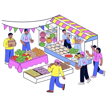 A bustling kampung market scene filled with various stalls. One stall is piled high with fresh vegetables like green chillies, cucumbers, and tomatoes. Another stall showcases colorful handicrafts, including woven baskets and handmade jewelry. A third stall displays an array of local delicacies, such as rice cakes wrapped in banana leaves and rows of sweet pastries. People are walking around the market, some examining the goods, while others are chatting with the vendors. Brightly colored banners hang above the stalls, adding to the lively atmosphere.