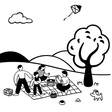 Several families gathered on a checkered blanket spread on the grass in a park in Grenoble. Children are playing with a frisbee, while adults are preparing food from a picnic basket. Nearby, a large tree provides shade, with leaves rustling gently in the wind. A few picnic baskets and colorful plates are scattered around. A kite soars high in the sky, and a small dog runs playfully near the blanket. In the background, rolling hills and a clear sky complete the scene.