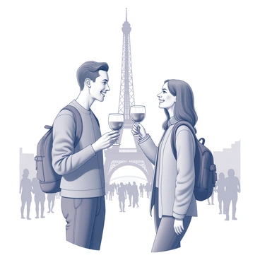 Two travelers standing together, each holding a glass in hand. They are raising their glasses in a toast, smiling at each other. In the background, a famous landmark towers prominently. The scene captures the moment of celebration, highlighting the expressions of joy on their faces. The setting is bustling with tourists, further emphasizing the significance of the landmark behind them.