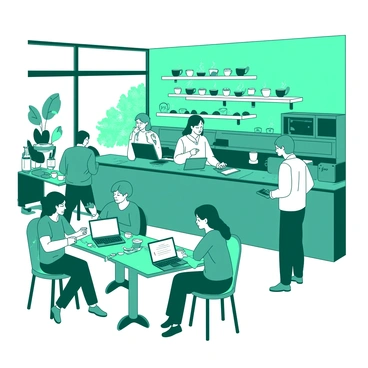 A teal coffee shop is filled with numerous people engaged in various activities. Some individuals are focused on their laptops, typing away on the sleek, shiny surfaces. Others are seated at small wooden tables, engaged in animated conversations, with cups of steaming coffee in front of them. The walls are adorned with white shelves displaying an assortment of coffee beans and mugs. Large windows allow natural light to fill the space, creating a warm atmosphere. Cheerful baristas are behind the counter, preparing drinks and serving pastries to waiting customers.