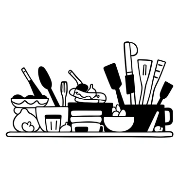 A kitchen counter filled with various cooking utensils, including several spatulas of different sizes, multiple pots with distinct shapes and sizes, and several mixing bowls stacked next to each other. There are measuring cups and wooden spoons scattered around the counter. The countertop is textured and features a few small ingredients like garlic and herbs placed among the utensils.