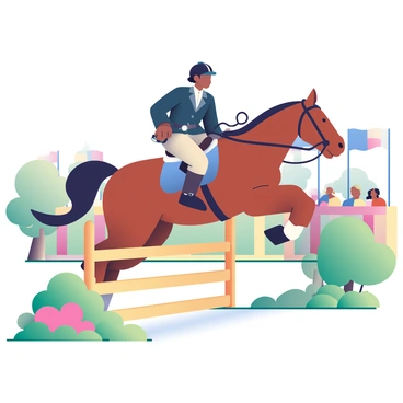 An equestrian rider and horse leaping over a fence in a competition