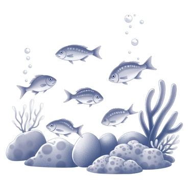 An underwater scene featuring a variety of fish swimming gracefully among coral reefs. The fish exhibit different shapes and patterns, showcasing several species. The coral reefs are detailed with intricate textures and structures, providing shelter and color contrasts within the marine environment. Bubbles ascend toward the surface, adding to the lively atmosphere of the underwater habitat.