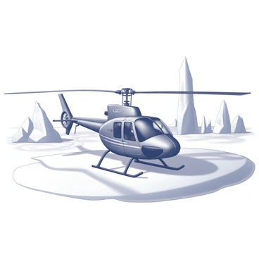A private helicopter is positioned on a vast, icy landscape. The helicopter features a sleek design with rotor blades poised above the fuselage, ready for takeoff. Surrounding the aircraft, the ground is covered in a thick layer of snow, accentuating the cold environment. Jagged ice formations rise in the background, creating a dramatic contrast with the smooth surface of the frozen land. The sky is overcast, contributing to the sense of isolation and adventure that awaits in the Arctic exploration.