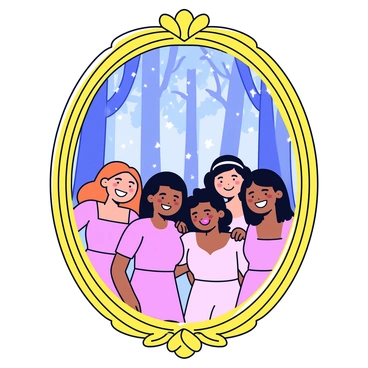 A group of bridesmaids posing together for a selfie in front of a large gilded mirror. The bridesmaids are wearing matching pastel-colored dresses and have cheerful expressions on their faces. The mirror is ornate, with intricate golden details surrounding its frame. Inside the reflection of the mirror, a magical forest can be seen, filled with tall, whimsical trees and sparkling lights. The setting is well-lit, creating a joyful atmosphere.