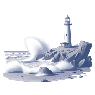 The scene depicts powerful waves crashing forcefully against a rugged rocky shoreline. The water splashes in dynamic sprays, highlighting the intensity of the waves. In the background, a tall lighthouse stands prominently, featuring a circular tower with a lantern room at the top. The lighthouse is situated on elevated ground, overlooking the turbulent sea. The rocky formations are jagged and uneven, contrasting with the smooth flow of the wave crests. Scattered seaweed and small tidal pools add interest to the foreground.