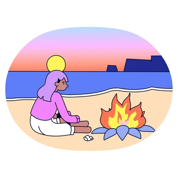 A girl with long, flowing hair and a simple dress is sitting by a bonfire on a sandy beach. The bonfire has glowing orange and yellow flames rising into the evening air. The girl gazes towards the horizon, where the sun is setting, casting warm hues of orange, pink, and purple across the sky. Gentle waves lap at the shore, and a few small seashells are scattered on the sand around her. In the background, silhouettes of distant cliffs add depth to the scene.