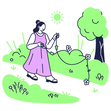 A person is walking along a path in a park during the morning. They have long hair tied back and are wearing a light, flowing dress. In their hands, they are weaving a chain made of daisies, carefully threading the flowers together. The person smiles as they pick daisies from the grassy ground, surrounded by greenery. Sunlight filters through the leaves of nearby trees, creating a pleasant ambiance. The path is lined with bushes and a few scattered wildflowers.