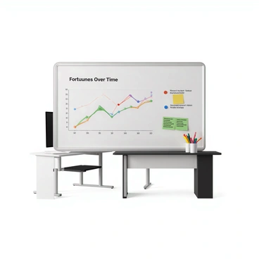 A whiteboard featuring a business chart with a clear upward trend, indicating rising fortunes. The chart includes labeled axes, with the vertical axis showing financial growth and the horizontal axis representing time. The lines are bold and vibrant, illustrating significant increases. At the top of the chart, the text "Rising Fortunes" is prominently displayed in a professional font. Below the title, smaller text reads "Thanks to HDFC Strategies." The whiteboard is mounted on a wall, and there are markers and an eraser nearby, suggesting an active discussion or presentation setting.