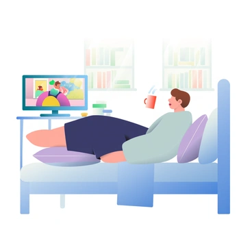 A cozy bedroom features soft, ambient lighting that creates a warm atmosphere. A person with short brown hair is lying comfortably in bed, propped up on fluffy pillows. They are wearing a light gray sweatshirt and dark sweatpants. In front of them, a flat-screen TV displays a colorful scene from a TV show. The bed is covered with a neatly arranged, light blue comforter, and there is a small bedside table with a steaming cup of tea. A bookshelf filled with books is visible in the background, adding to the inviting feel of the room.