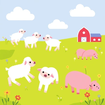A vibrant farm field under a clear blue sky with soft, fluffy clouds. In the foreground, several baby lambs with white wool are playfully hopping around, their ears perked up in curiosity. Nearby, a group of pink piglets with round bellies are rooting in the grass, their little tails wagging with excitement. Bright green grass covers the field, dotted with colorful wildflowers like yellow daisies and red poppies. In the background, a red barn stands, adding to the charm of the sunny farm scene.