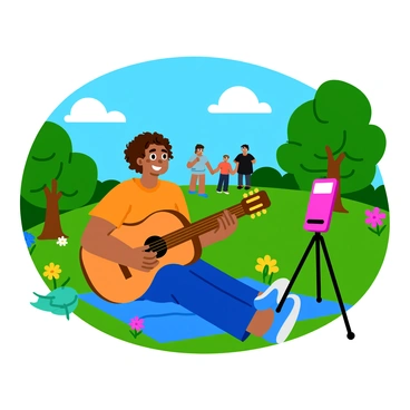 A musician with curly hair is sitting on a blanket in a sunny park, holding an acoustic guitar. They have a focused expression as they strum the instrument, creating a joyful atmosphere. A smartphone on a tripod is positioned in front of them, capturing the moment for social media. Surrounding the musician are vibrant green trees and colorful flowers, while a few curious onlookers in the background enjoy the performance. The sky above is clear blue, adding to the cheerful scene.