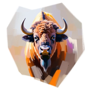 A large canvas features the head of a bison, displayed prominently in the center. The bison's thick fur is depicted in rich browns and creams, with detailed strokes that highlight its powerful features. Its eyes are deep and expressive, and the curved horns rise majestically from its forehead. The background is textured, showcasing various shades of earthy tones that provide depth and contrast to the bison's form. The overall composition draws attention to the majesty and strength of the animal.