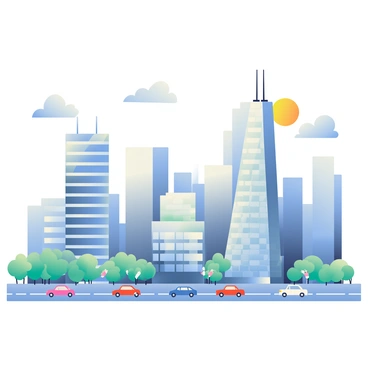 A panoramic view of an urban skyline is depicted, featuring tall skyscrapers with reflective glass windows. The buildings are painted in shades of blue, silver, and gray, creating a modern aesthetic. The sun is positioned high in the sky, casting bright light that causes the glass surfaces to shimmer intensely. A few fluffy, white clouds drift across the sky, adding texture to the scene. The foreground includes a bustling street filled with small cars and pedestrians, emphasizing the liveliness of the city.