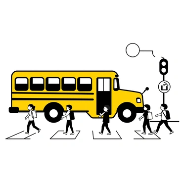 A yellow school bus is parked at a crosswalk, its doors open. The bus is large with distinct features like multiple windows and a stop sign extended out. Several children are crossing the street in front of the bus. The children are wearing backpacks and are in various poses as they walk. A traffic light is visible in the background. The crosswalk markings on the street are clear and prominent.