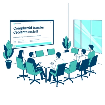 A white business meeting room is equipped with a large digital display mounted on the wall. The display shows a completed transfer transaction in bright, clear text, with the details prominently outlined. Around a sleek, rectangular table, there are several teal chairs, each occupied by individuals in formal attire discussing the information on the screen. The room is well-lit, with sunlight filtering through large windows, casting soft shadows. A few potted plants are placed in the corners, adding a touch of greenery to the professional atmosphere.