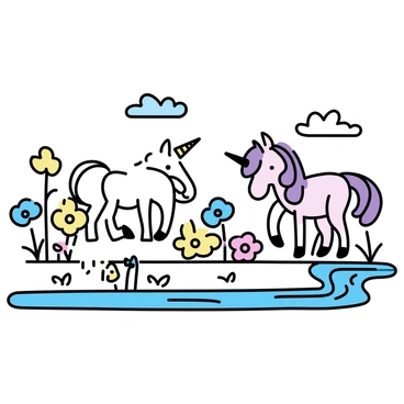 A meadow filled with vibrant wildflowers of various colors, including yellow daisies, bluebells, and pink clovers. In the center, two unicorns with spiral horns and flowing manes are grazing peacefully. One unicorn is white with a shimmering mane, while the other is a soft lavender color. Gentle streams meander through the meadow, reflecting the sunlight. The sky above is clear with a few fluffy clouds.