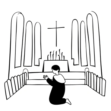 A person kneeling on a wooden floor inside a chapel, with hands clasped together in front of them. The chapel features tall arched windows, allowing light to filter through and illuminate the space. There are wooden pews lined up along the sides, and a simple altar at the front adorned with candles. The person wears a long robe, and the atmosphere conveys a sense of solitude and reverence. The overall composition focuses on the interaction between the person and the sacred environment.
