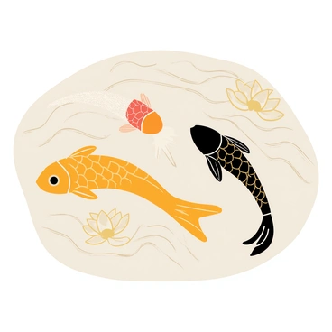 A decorative stone carving featuring intricate koi fish motifs swimming gracefully. The carving has a smooth, polished surface with detailed scales visible on the koi fish. The koi are depicted in vibrant colors, with orange, white, and black patterns. Surrounding the fish, there are flowing waves and lotus flowers intricately designed into the stone. The overall composition showcases the elegance and beauty of the koi fish in an artistic representation.