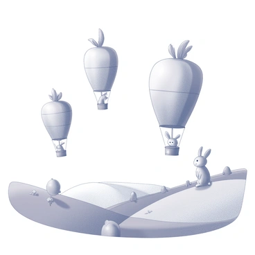 Several bunnies are seen piloting hot air balloons that are shaped like large carrots. Each balloon has a distinct, elongated carrot form with leafy tops, floating gracefully above the landscape. The bunnies, with their long ears and fluffy tails, are seated in the baskets, looking excited as they navigate the skies. Below them, a gently rolling landscape features soft hills and fields, dotted with flowers and trees, creating a tranquil, undulating terrain. The atmosphere is cheerful and whimsical, capturing a lighthearted moment in the air.