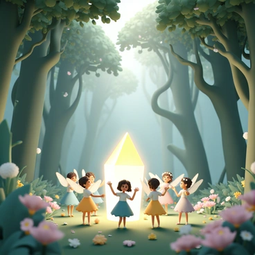 A circle of small fairies, each with delicate, translucent wings shimmering in various shades of blue, green, and pink. They are dancing joyfully around a large, glowing crystal that emits a soft, radiant light. The fairies wear colorful dresses made of petals and leaves, some with flower crowns atop their heads. The enchanted woods surround them, filled with tall, ancient trees with twisting branches and lush green foliage, while soft beams of light filter down through the leaves, illuminating the scene. The ground is carpeted with vibrant flowers in a variety of colors, adding to the magical atmosphere.