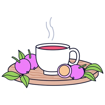 A steaming cup of lychee tea placed on a simple wooden table. The cup is white with a smooth surface and a rounded handle. Surrounding the cup are several fresh lychees, showcasing their pink, rough skin and green leaves attached. Scattered around the base of the cup are vibrant green tea leaves, adding to the arrangement. The scene is well-lit, emphasizing the steam rising gently from the cup.