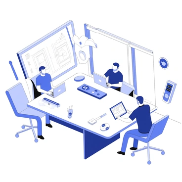 A group of engineers is engaged in developing smart home technology devices within a sleek office environment. The office features modern furniture with clean lines and a minimalist aesthetic. Engineers are gathered around a large table, brainstorming ideas while using laptops and tablets. On the walls, there are digital screens displaying diagrams and schematics of smart home systems. Various prototypes of smart devices, such as smart thermostats and automated lighting controllers, are scattered across the table. Large windows allow natural light to fill the room, enhancing the contemporary feel of the workspace.