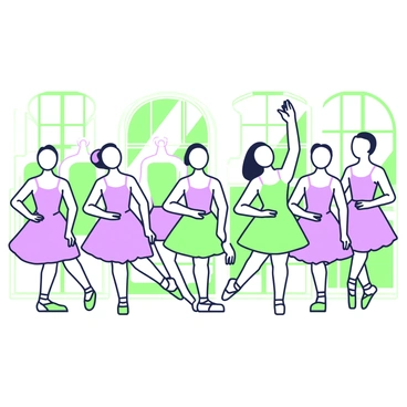 A group of ballet dancers is practicing in a mirrored studio. Each dancer is wearing form-fitting leotards and tutus in various shades. Their faces are obscured, emphasizing their graceful movements and postures. The dancers are positioned in various poses, some en pointe, while others are executing jumps or stretches. The mirrors on the walls reflect their movements, creating a dynamic visual effect. The studio is filled with natural light streaming through large windows, illuminating the polished wooden floor beneath their feet.