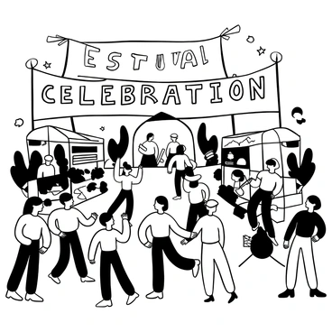 A crowd of people wearing festive outfits gathered in a lively atmosphere. Several large banners hang above, displaying the words "Festival Celebration" in bold letters. Decorations made from various materials fill the area, with shapes and patterns creating a sense of movement. Stalls line the path, showcasing colorful goods and food items, while a stage is set in the background with musicians performing, surrounded by instruments. Some attendees are dancing, while others are chatting and enjoying the festivities.