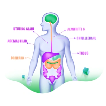 A modern pastel illustration featuring a diagram of the human body with labeled major glands of the endocrine system. The illustration includes the pituitary gland located at the base of the brain, the thyroid gland in the neck, the adrenal glands positioned on top of the kidneys, the pancreas situated in the abdomen, and the ovaries or testes at the lower part of the body. Each gland is represented in a distinct color and connected by lines to indicate their relation to the body's functions. Labels for each gland are displayed in clear, bold letters.
