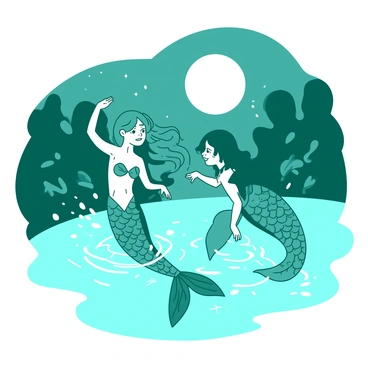 Two teal mermaids are playfully splashing in a crystal clear lagoon. One mermaid has long flowing hair and a shimmering tail, while the other has a shorter, vibrant tail adorned with colorful scales. They are surrounded by water droplets catching the moonlight, creating a sparkling effect. In the background, the moon casts a soft glow over the lagoon, illuminating the gentle ripples in the water. Lush green foliage frames the scene, enhancing the magical atmosphere of the moonlit night.