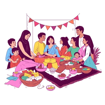 A diverse family is gathered around a large, ornately decorated dowry table filled with various colorful gifts and trinkets. The table is covered with a vibrant cloth, and there are baskets containing traditional items and wrapped presents stacked neatly. The family members, including children and adults, are smiling and interacting happily, showcasing a sense of togetherness. In the background, there are banners and decorative elements that enhance the festive atmosphere. Each family member is dressed in traditional attire, reflecting their unique heritage.