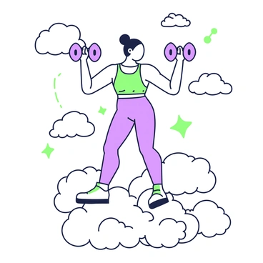 A person is lifting weights while floating among clouds. The individual has a determined expression and is wearing a fitted workout outfit. Their feet are not touching any surface, as they hover among fluffy clouds. The weights are clearly defined, with each side holding equal weight. Surrounding them are various clouds in different shapes, some resembling soft cushions and others taking on wispy forms. The scene conveys a sense of lightness and strength in an ethereal atmosphere.