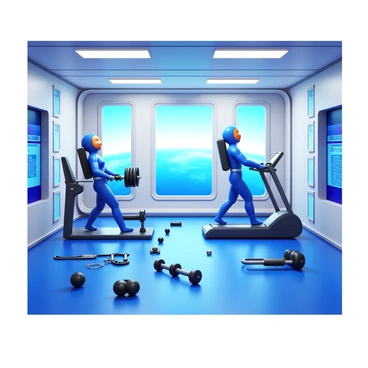 Two astronauts in fitted workout suits exercising in a zero-gravity gym aboard a space station. One astronaut is on a resistance exercise machine, focusing on lifting weights, while the other is using a treadmill with harness support. Various fitness equipment is floating around, including free weights and resistance bands. The walls are lined with screens displaying workout data and the view of Earth can be seen through the large windows in the background. The interior is illuminated with bright, overhead lights, creating a clean and functional environment.