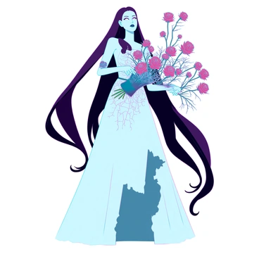 A corpse bride with pale skin and long, flowing black hair is carefully arranging a bouquet of black roses. The roses are intricately entwined with delicate, silver cobwebs that shimmer in the light. She wears a tattered white wedding dress that flows to the ground, with hints of decay and dark embellishments. Her eyes are hollow but have a haunting beauty, and her fingers are bony yet graceful as she places the flowers into a dark, ornate vase. A sense of eerie elegance surrounds the scene, highlighting her ghostly presence.