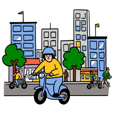 A person with light skin and short black hair is riding a scooter through a bustling cityscape. The person is wearing a blue helmet and a yellow jacket, and they have a focused expression on their face. Around them, tall buildings rise with large windows reflecting the sunlight. In the background, there are other commuters, including people walking and cycling, creating a lively atmosphere. The street is lined with trees and colorful storefronts, adding vibrant details to the scene.