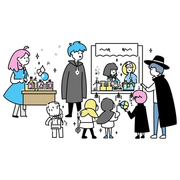 A bustling market scene filled with manga-style characters. On one side, a young woman with long pink hair and a flowing turquoise dress is selling colorful potions displayed on a wooden table. Opposite her, a tall man wearing a dark cloak and a wide-brimmed hat examines a crystal orb held by a vendor with short blue hair. Nearby, a group of children dressed in fantasy attire, including capes and hoods, eagerly crowd around a stall featuring enchanted trinkets. The atmosphere is lively, filled with various stalls showcasing mystical items like scrolls, charms, and glowing amulets.