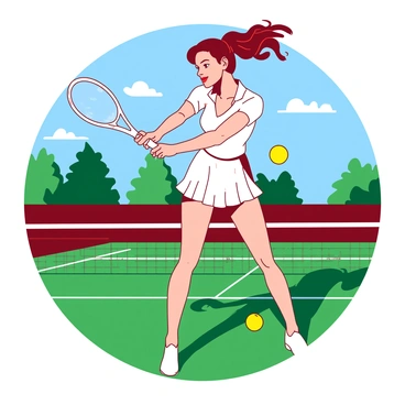 A red pin-up girl wearing a white classic tennis outfit stands on a green tennis court. She is energetically swinging a white tennis racket, her ponytail flying in the air. The court is surrounded by a white fence, and a bright yellow tennis ball is visible mid-air, just in front of her racket. The background features a few scattered green trees under a clear blue sky.