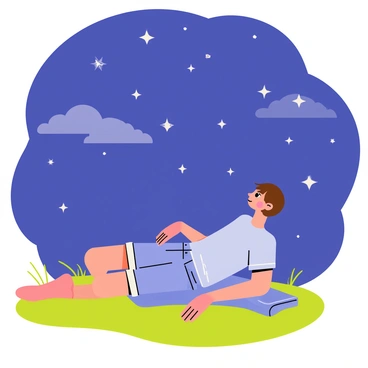 A person lying on a patch of green grass, gazing up at a night sky filled with twinkling stars. The person has short brown hair and is wearing a light blue t-shirt and denim shorts. Their arms are stretched out beside them, and a soft blanket is placed underneath their body. The sky is deep blue, dotted with bright, white stars that shine against the darkness. A gentle breeze rustles the grass, and a few clouds drift lazily across the sky, adding a sense of tranquility to the scene.