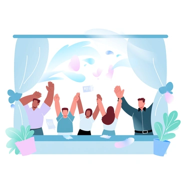 A strong wind is blowing through an open window, causing the curtains to billow dramatically. Inside the room, several people are standing with their arms raised, showing their astonishment at the sudden gust. Some have their clothing flapping around due to the force of the wind. Papers and small objects are being lifted off the table and are caught in the air. The window is framed by plants that sway in the breeze. Items in the room indicate a lively atmosphere, with vibrant colors throughout.