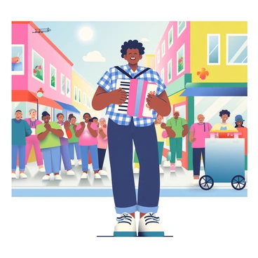 A street performer with light brown skin and curly black hair is playing an accordion on a bustling city street. He is wearing a blue and white checkered shirt and dark jeans. In front of him, a small crowd of diverse onlookers is gathered, some smiling and clapping along. Colorful street art is visible on nearby walls, and bright storefronts line the street, showcasing various items. A street vendor cart selling hot dogs is positioned to the side, adding to the lively urban atmosphere. The sun is shining brightly overhead, casting soft shadows on the pavement.