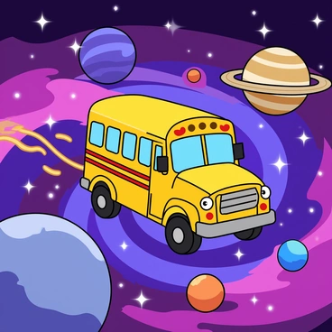 A cartoon-like magic school bus with bright yellow colors and cheerful eyes on the front is soaring through a vibrant galaxy. The galaxy is filled with swirling shades of purple, blue, and pink, creating a dreamlike atmosphere. Numerous planets of various sizes and colors, some with rings, are scattered throughout the scene, each adorned with distinct features like craters or swirling clouds. Sparkling stars twinkle in the background, adding a sense of wonder to the scene. The bus appears to be leaving a trail of colorful stardust as it moves gracefully through the cosmos.
