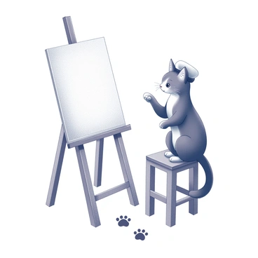 A cat sitting on a small stool in front of an easel. The cat is wearing a beret, tilted slightly to one side. In front of it, there is a blank canvas ready to be painted on. The ground around the easel is scattered with paw prints, suggesting recent activity. The cat is focused on the canvas, with one paw raised, as if it is about to make a brushstroke. The scene captures the unique interaction between the cat and its artistic endeavor.
