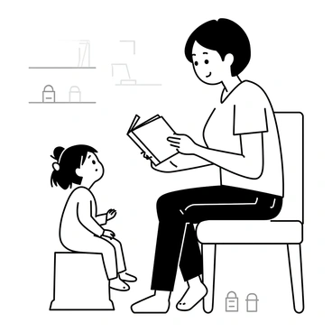 A parent is sitting on a chair, reading a storybook aloud. The parent has short hair and is wearing a comfortable t-shirt and jeans. A child with pigtails is sitting on a small potty, looking up at the book with wide eyes. The child is wearing a colorful onesie. The room has a playful atmosphere, with a few toy blocks scattered on the floor and a small shelf with children's books in the background.