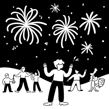 A girl with short, messy hair wearing a casual outfit is standing on a grassy field. She is holding a sparkler in one hand, and her posture suggests excitement. Above her, a sky filled with an array of large, intricate fireworks exploding in various shapes. The fireworks emit patterns of light, creating a stunning visual against the night sky. In the background, silhouettes of people are celebrating, some holding colorful festival items, while decorative lanterns hang from nearby trees.